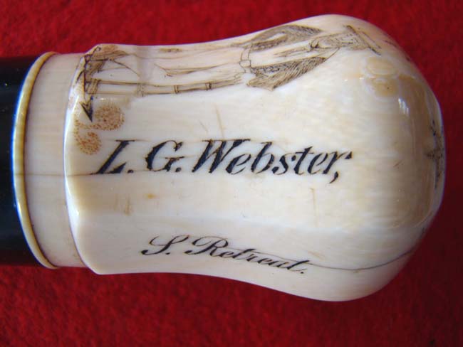A RARE and beautiful 19th century American presentation walking stick with an eight sided scrimshawed ivory knob and a spiral twist entwined rope pattern dark rosewood shaft. — image 3